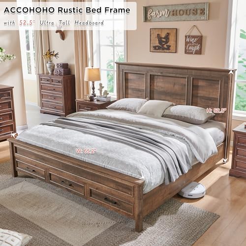 Antique Brown King Size Wood Platform Bed Frame with Headboard and Storage Drawers C81149