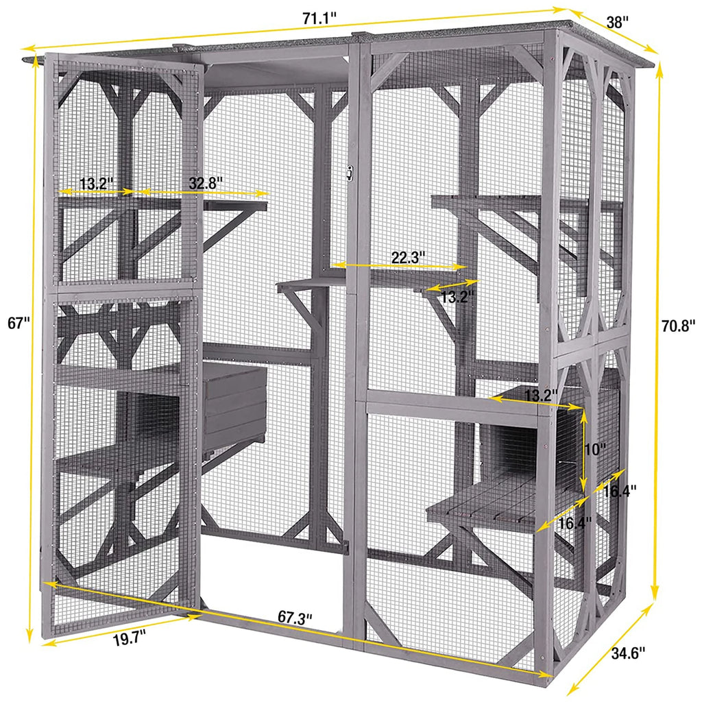 Cat Enclosure, 5-Platform Wooden Cat House with Asphalt Roof, 71 in M1900