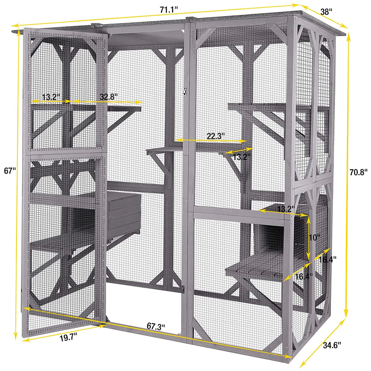 Cat Enclosure, 5-Platform Wooden Cat House with Asphalt Roof, 71 in M1900