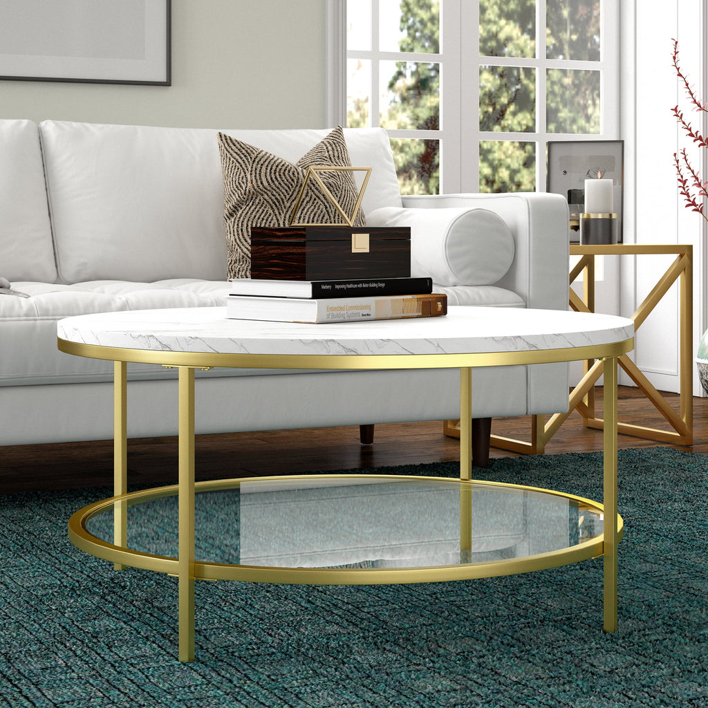 36" Wide Round Coffee Table with Faux Marble Top I57036