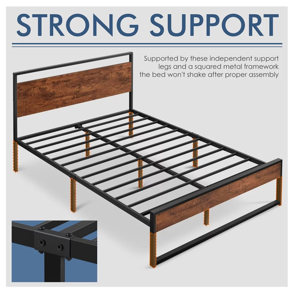 Queen Size Mahogany Metal Platform Bed with Wooden Headboard and Footboard M40770