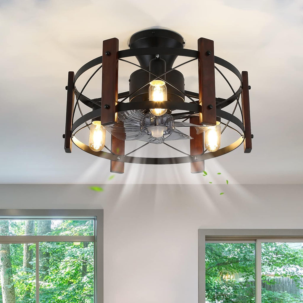 Industrial Ceiling Fan with Light Remote Control Metal Caged Wood Black Enclosed R48972