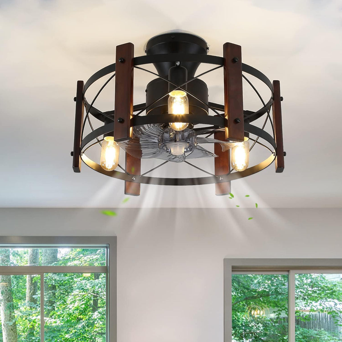 Industrial Ceiling Fan with Light Remote Control Metal Caged Wood Black Enclosed R48972