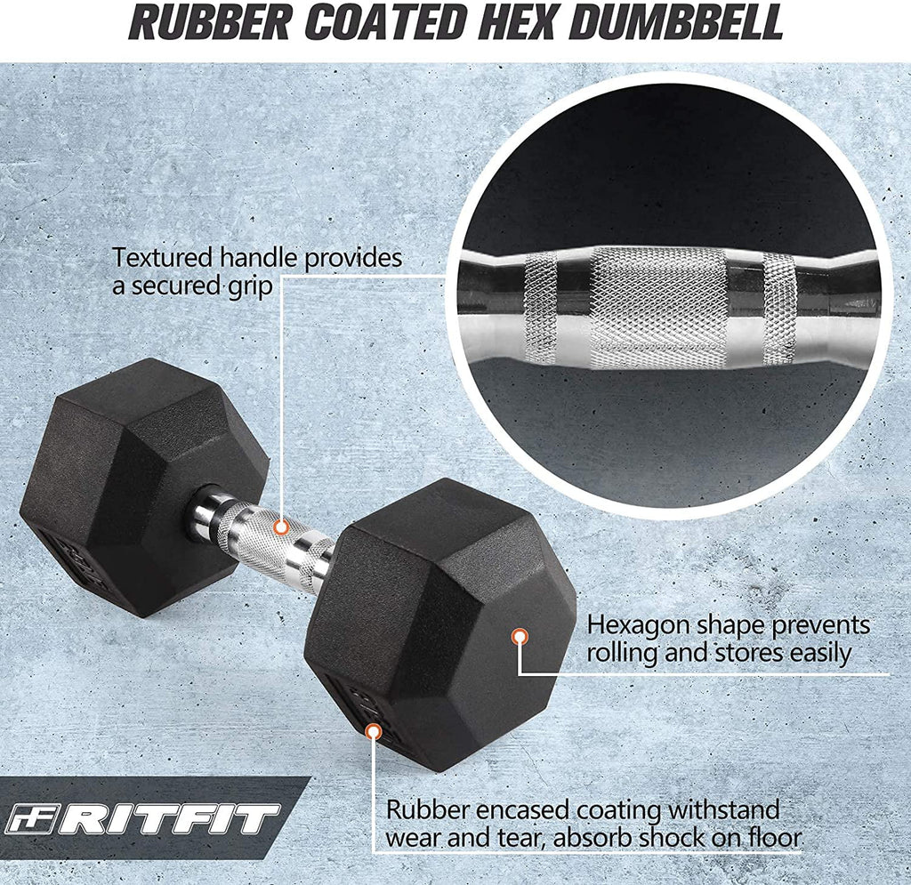 Rubber Hex Dumbbell 5-60 Lbs with Metal Handle Y834099