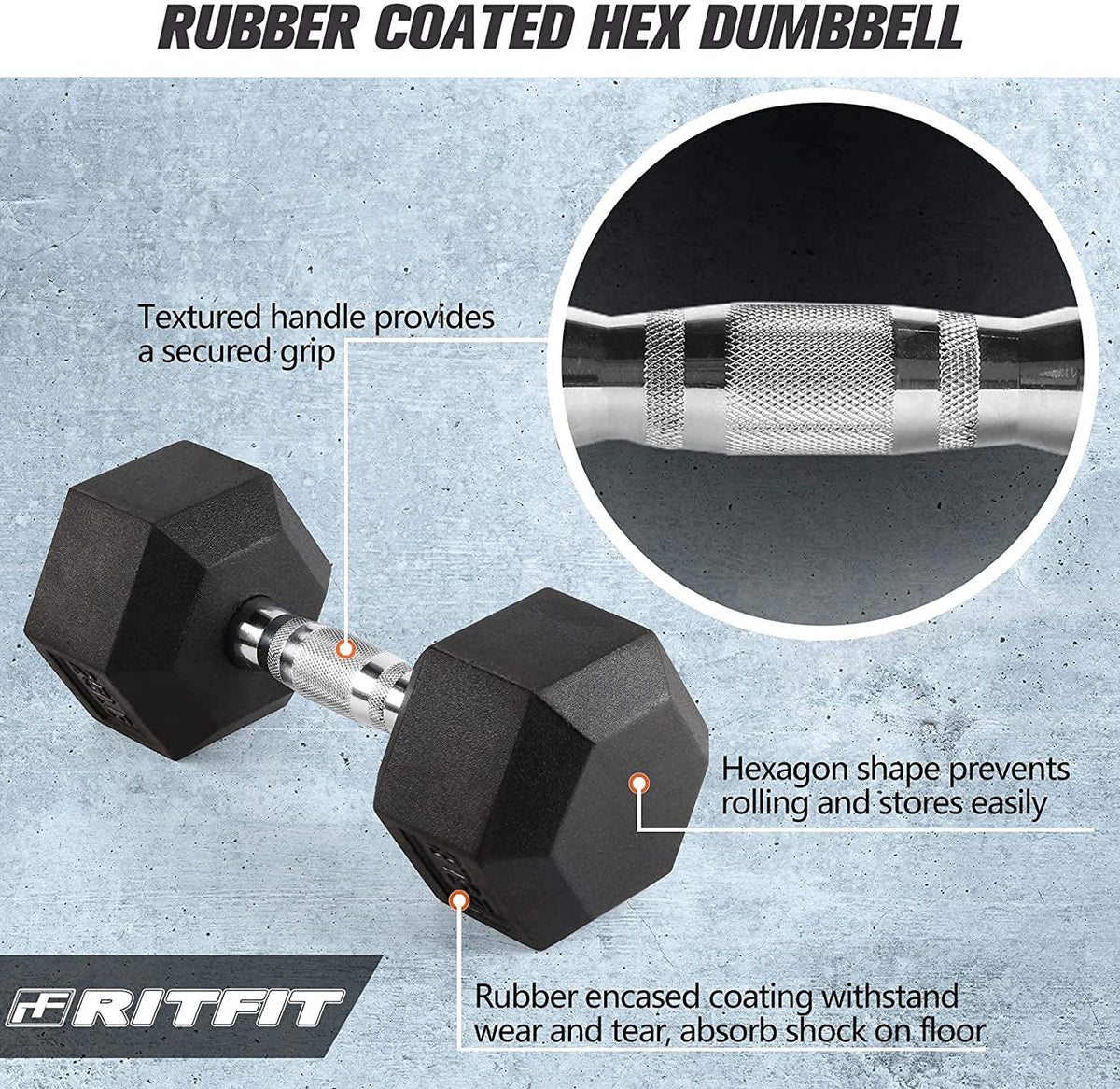 Rubber Hex Dumbbell 5-60 Lbs with Metal Handle Y834099
