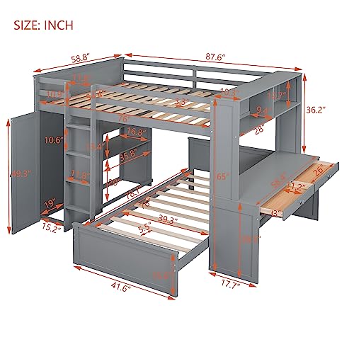 Twin Size Loft Bed with Built-in Desk & Wardrobes, Wood Bedframe with 4 Drawers & 4 Shelves, Gray F9468