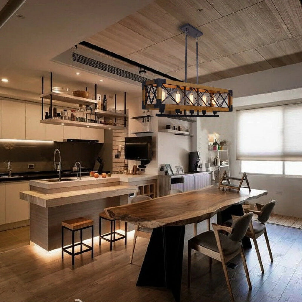5-Lights Wooden Rectangle Pendant Light Fixture E62603