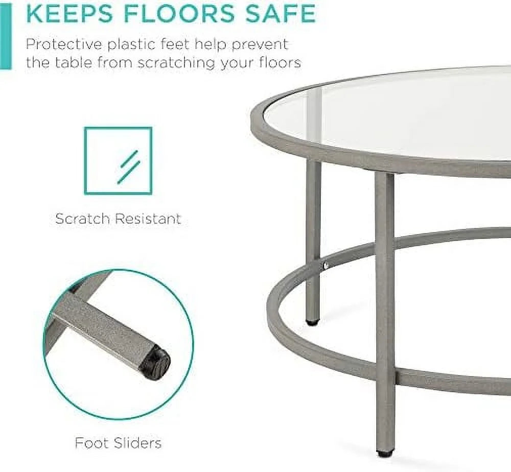 36in Round Tempered Glass Coffee Table with Metal Frame B496