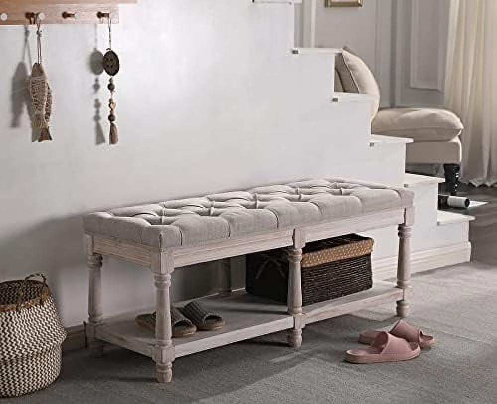 Beige Tufted Wood Entryway Bench S153