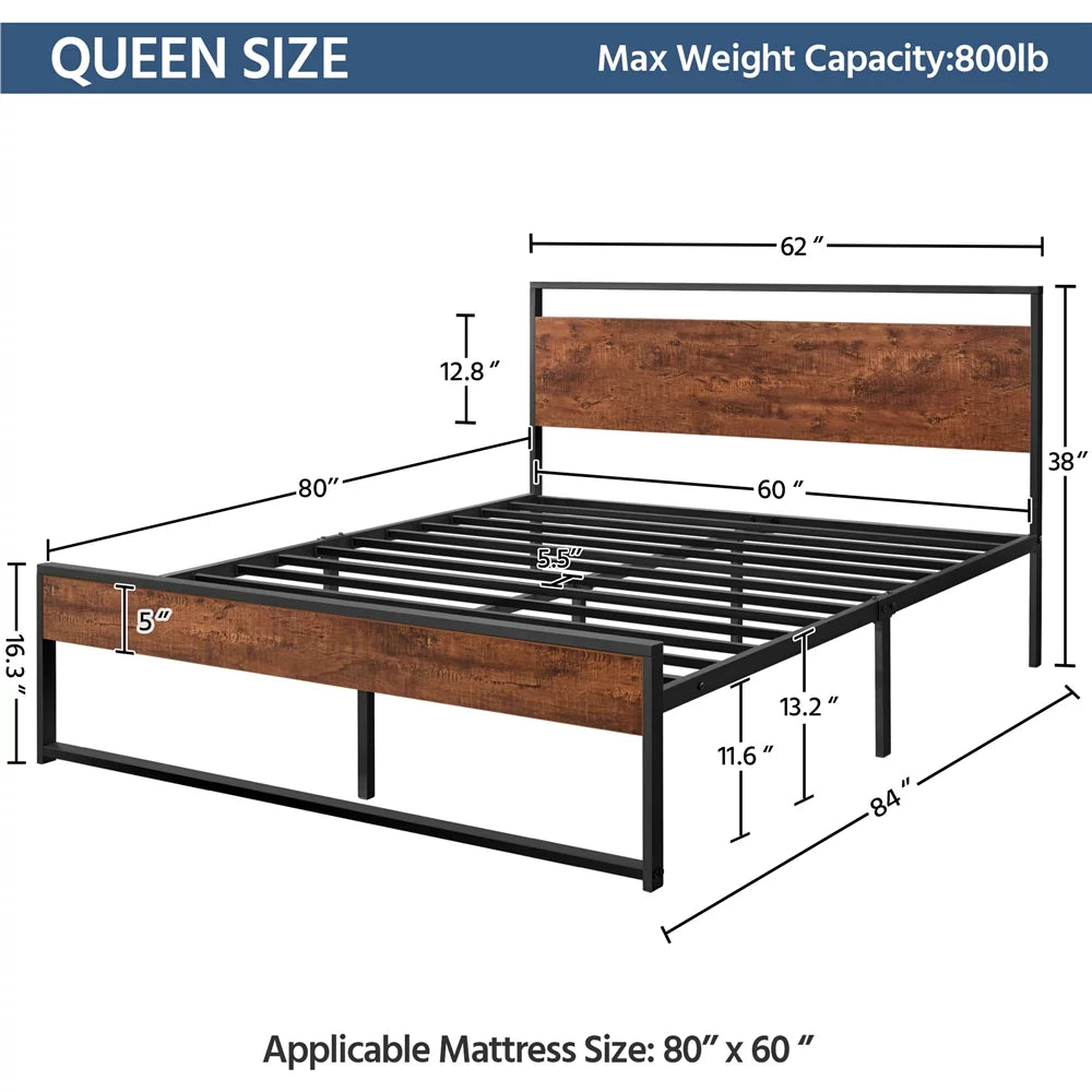 Queen Size Mahogany Metal Platform Bed with Wooden Headboard and Footboard M40770
