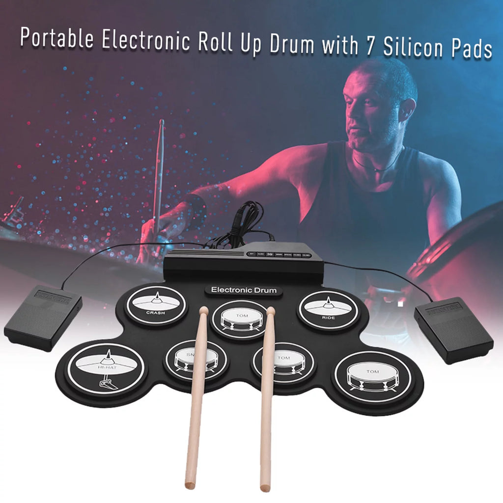Compact USB Silicon Drum Set with 7 Drum Pads Drumsticks Foot Pedals X5259