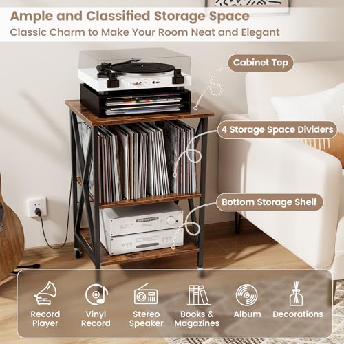Rustic Brown Record Player Stand with Record Storage F921