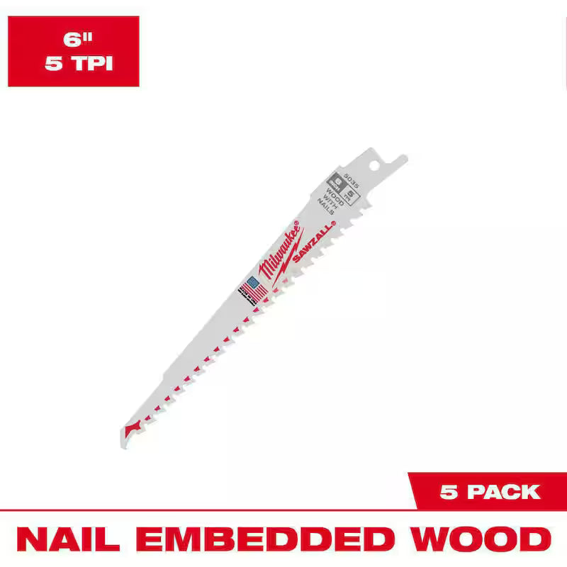 6 in. 5 TPI BiMetal Reciprocating Saw Blades (5-Pack) H21821