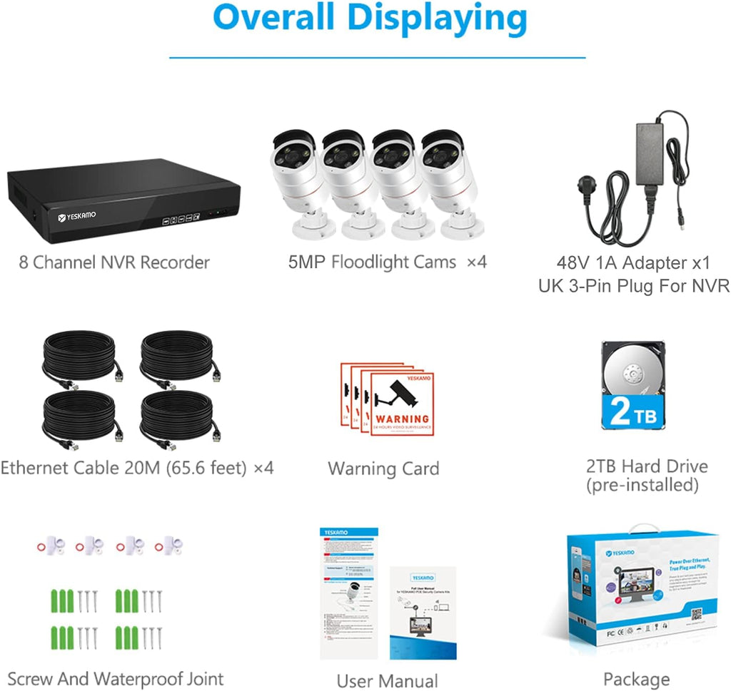 5MP PoE Security Camera System, 4pcs Wired Outdoor PoE IP Cameras, 8CH NVR with 2TB Hard Drive, Color Night Vision K523826