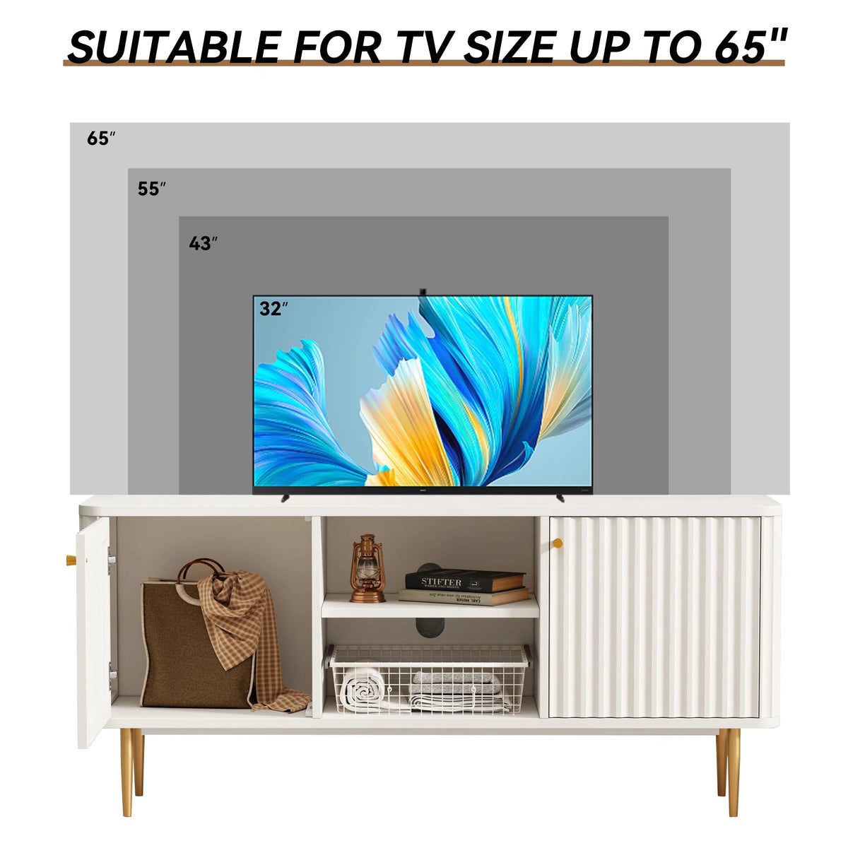 Mid Century Modern White TV Stand with Storage E1272