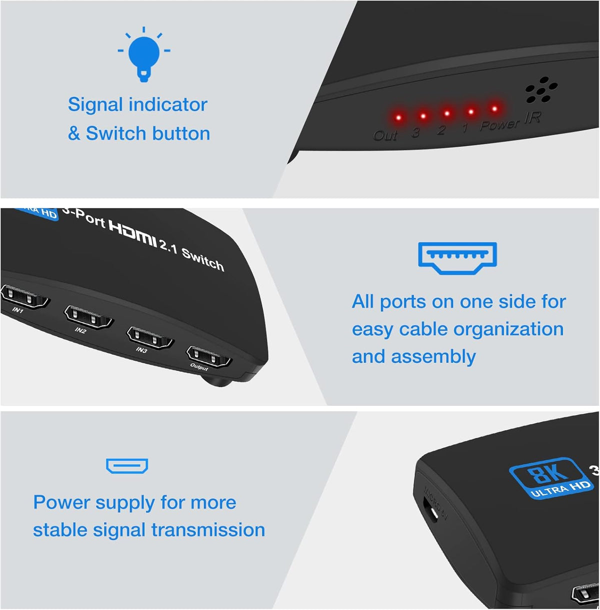 HDMI 2.1 Switch 3 in 1 Out with Remote Control Pack of 2 M141