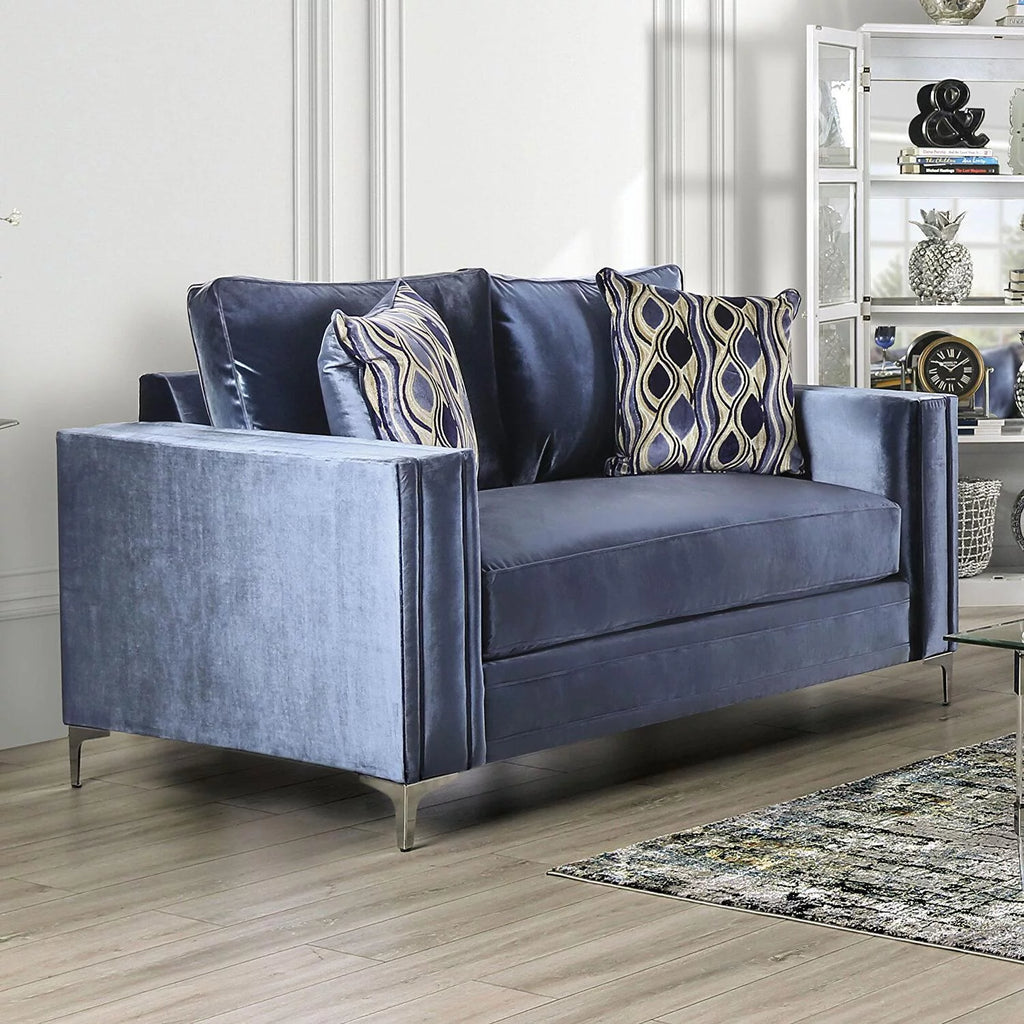 Satin Blue & Silver Microfiber Loveseat P2732