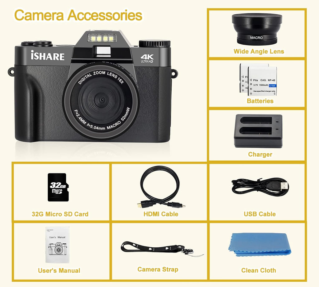 4K 48MP Digital Camera with 3.0 inch 180Deg Flip Screen and 2 Batteries K2103