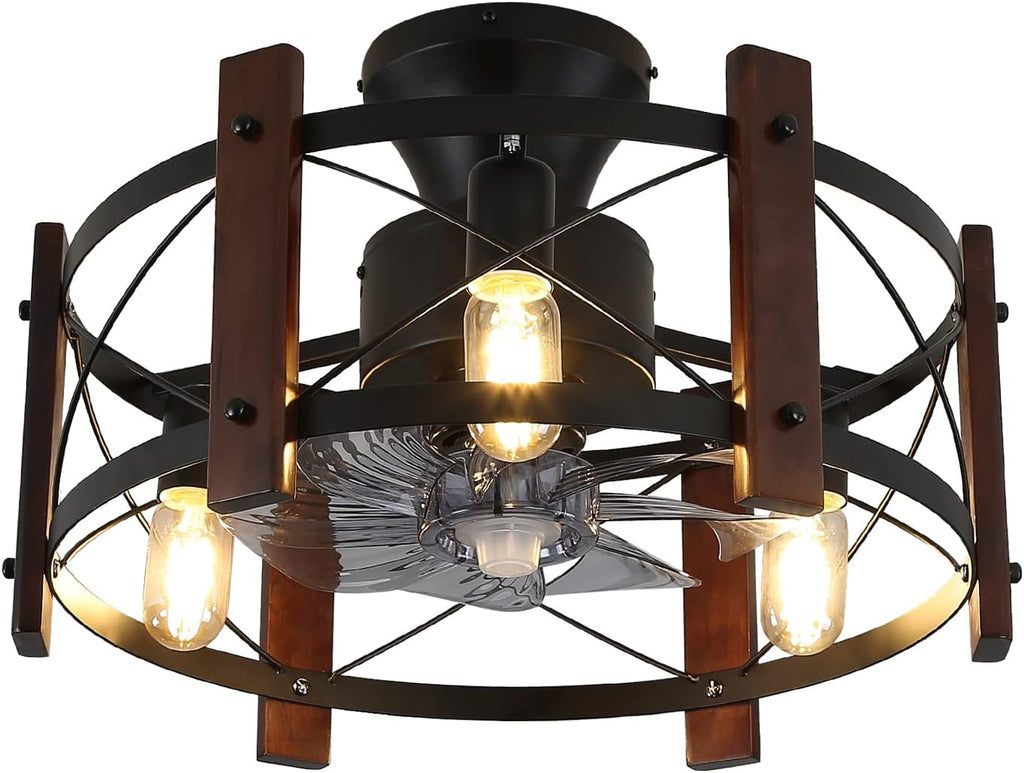 Industrial Ceiling Fan with Light Remote Control Metal Caged Wood Black Enclosed R48972