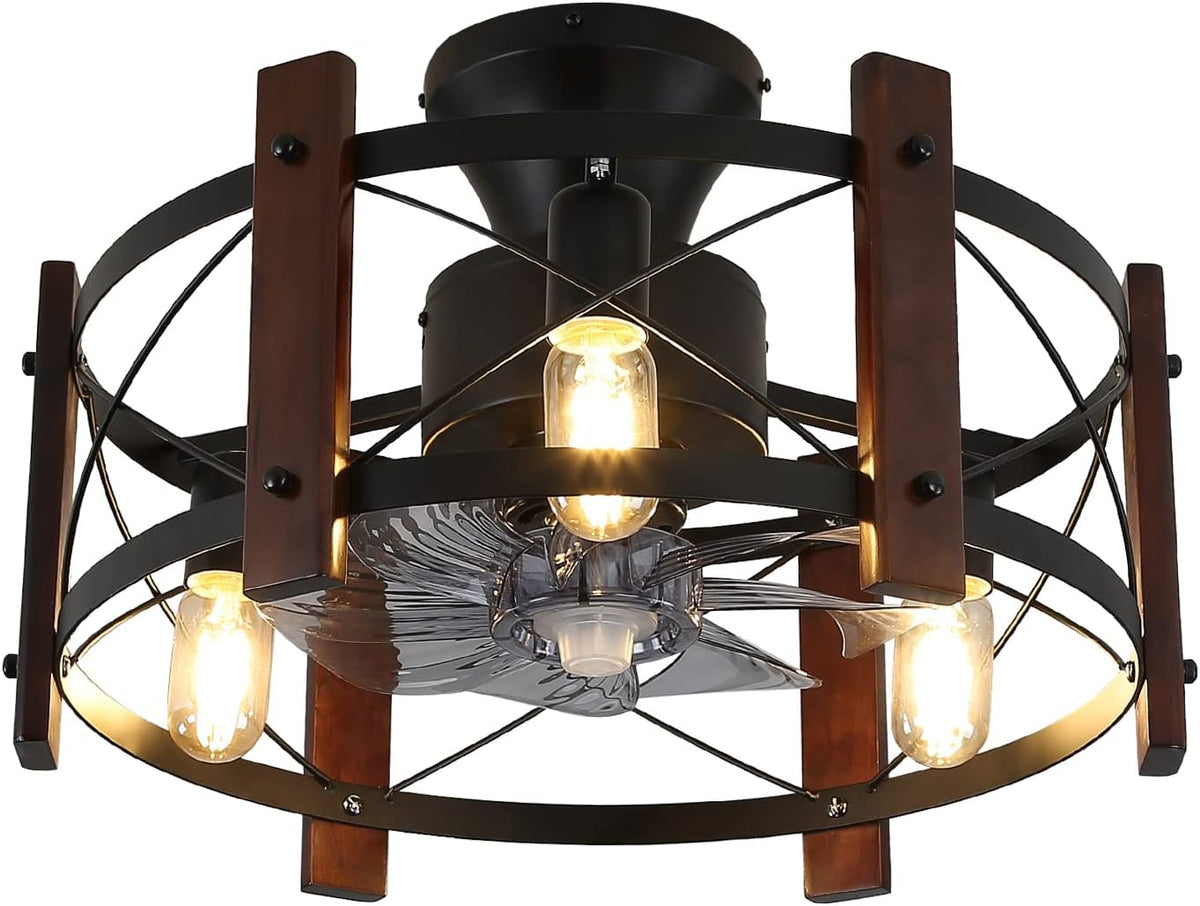 Industrial Ceiling Fan with Light Remote Control Metal Caged Wood Black Enclosed R48972