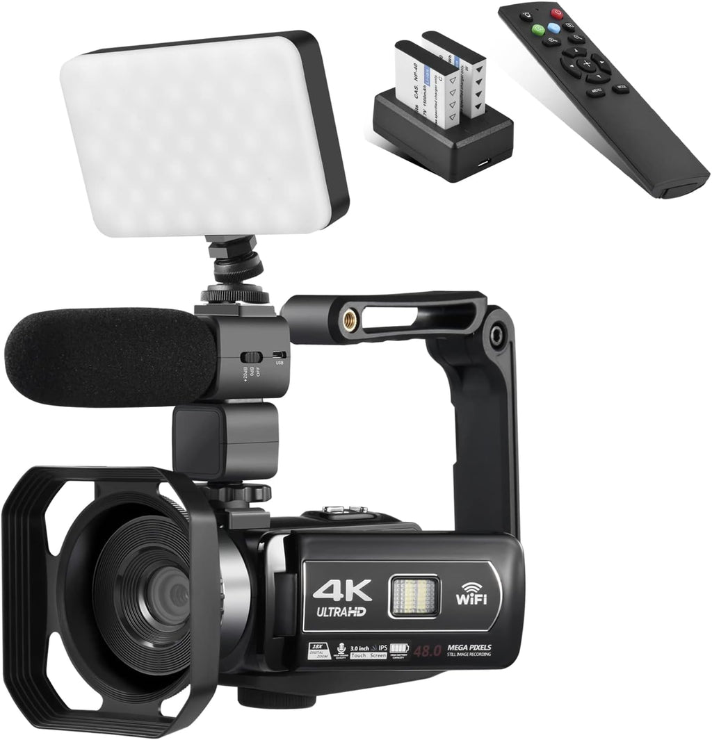 4K 48MP 3.0 Inch IPS Touch Screen Camcorder with Microphone and 2 Batteries (Black) J774