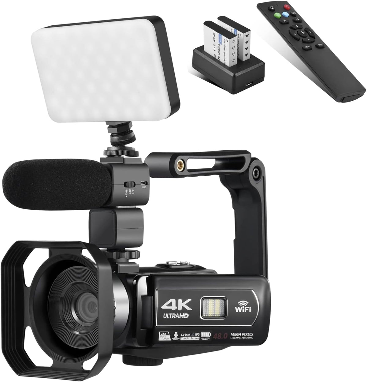 4K 48MP 3.0 Inch IPS Touch Screen Camcorder with Microphone and 2 Batteries (Black) J774