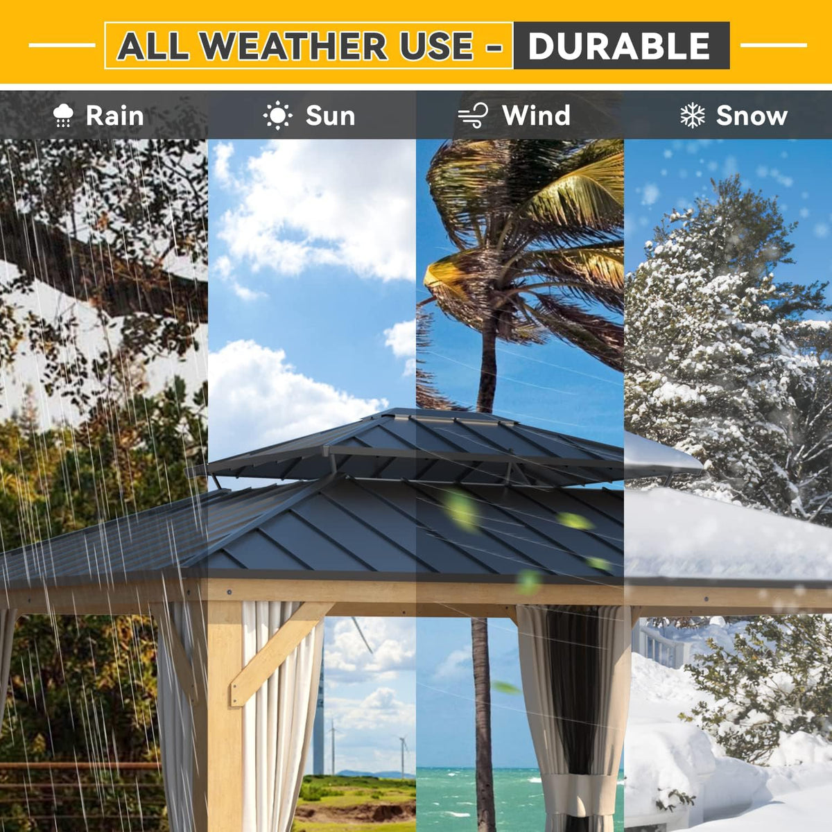 13'x15' Wood Gazebo with Netting and Curtains Q62778