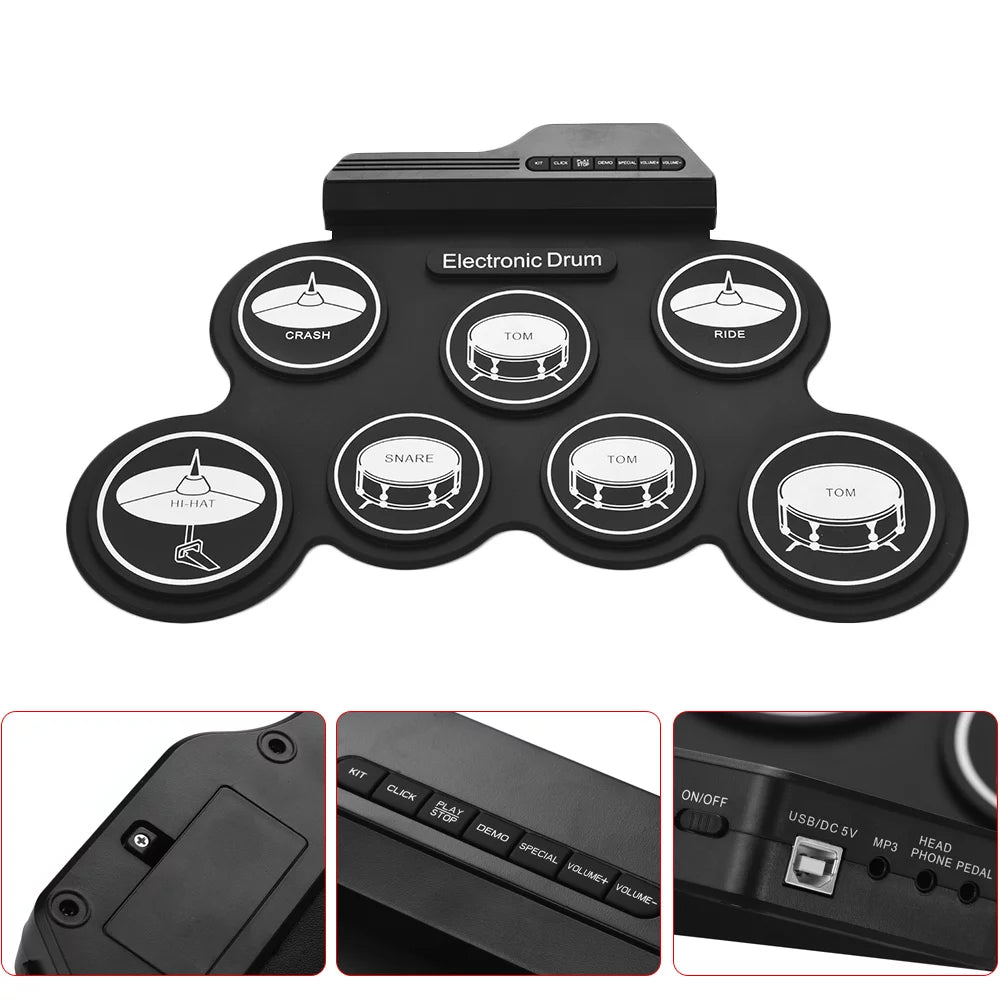 Compact USB Silicon Drum Set with 7 Drum Pads Drumsticks Foot Pedals X5259