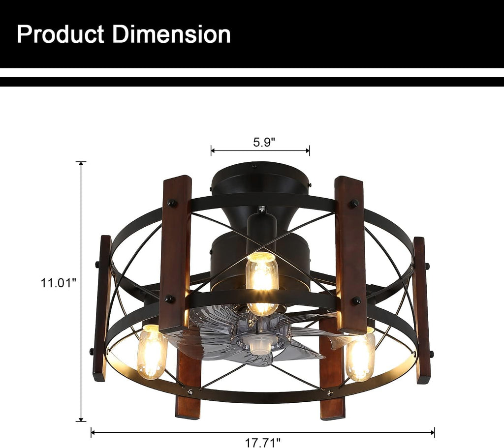 Industrial Ceiling Fan with Light Remote Control Metal Caged Wood Black Enclosed R48972