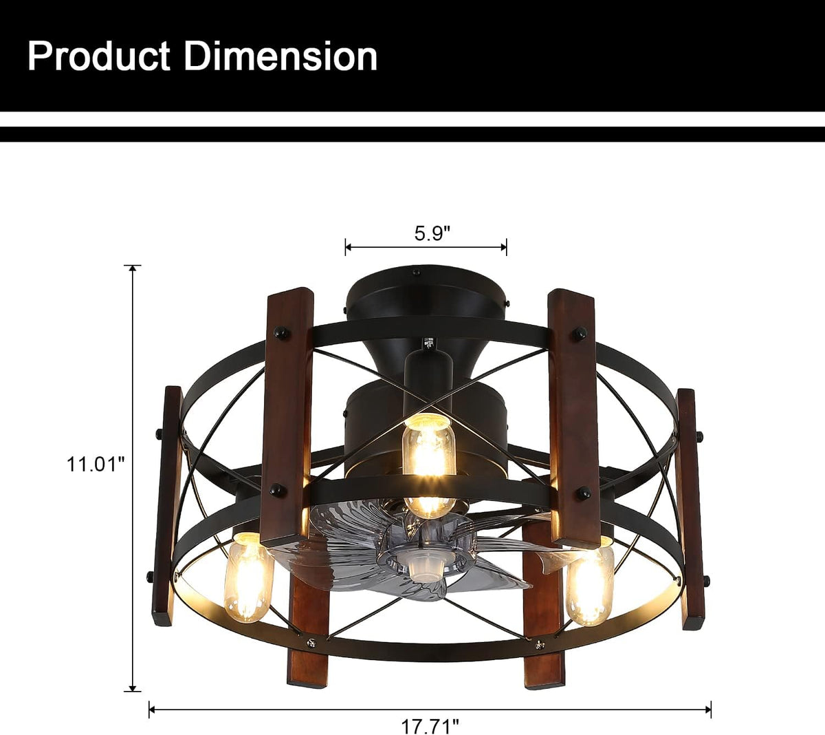 Industrial Ceiling Fan with Light Remote Control Metal Caged Wood Black Enclosed R48972