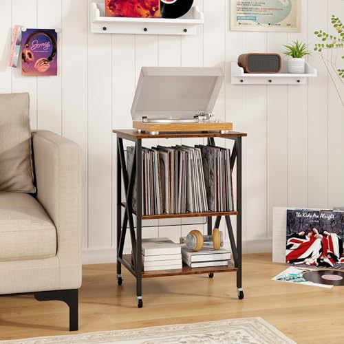 Rustic Brown Record Player Stand with Record Storage F921