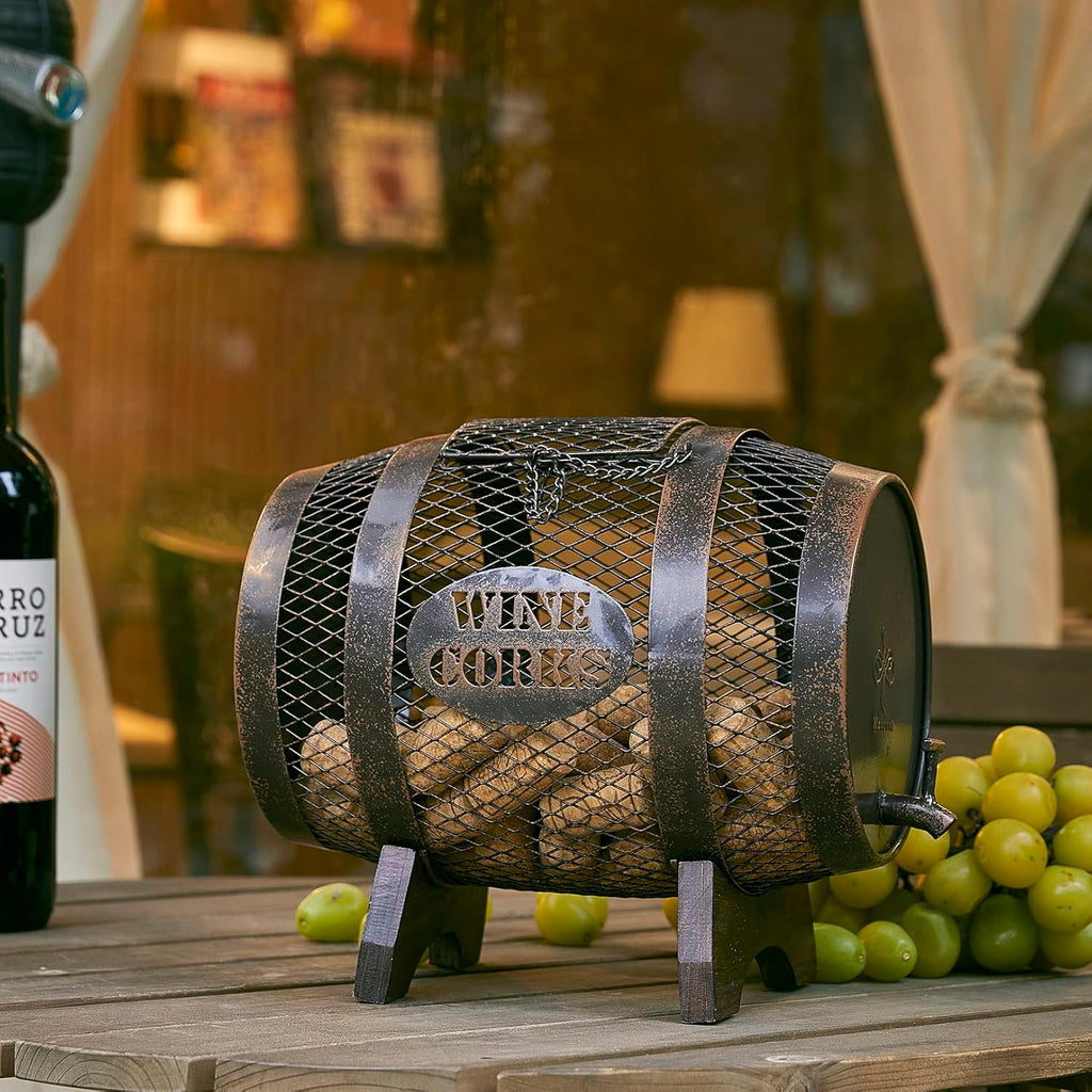 Rustic Metal Large Barrel Wine Cork Holder Display On Wooden Stand N36402