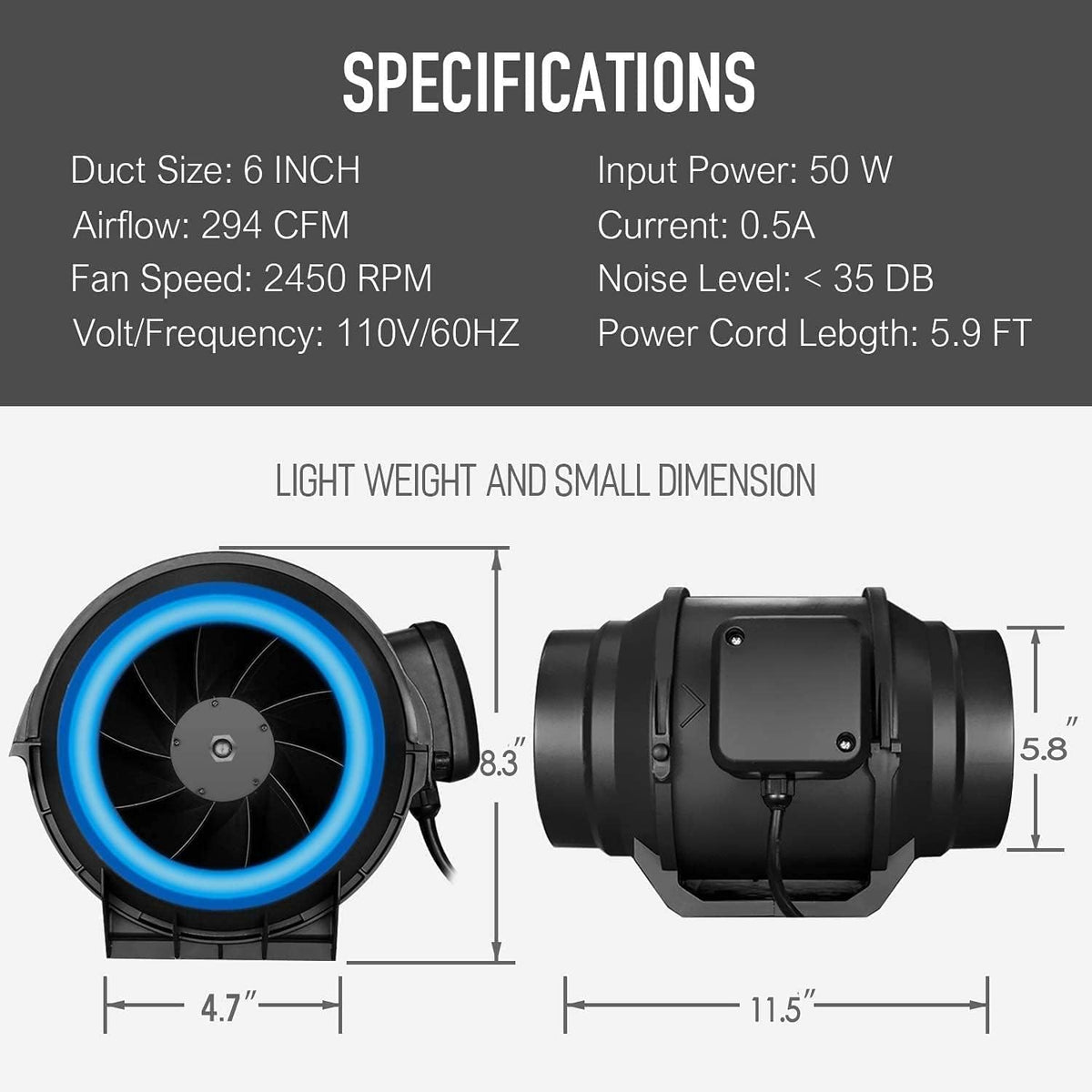 6 Inch 294 CFM Inline Fan with Carbon Filter and Ducting U3199