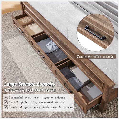 Antique Brown King Size Wood Platform Bed Frame with Headboard and Storage Drawers C81149