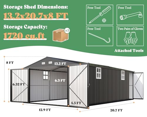 13.2x21x8 FT Outdoor Metal Garage Shed with Double Hinged Doors and 4 Windows Z62079