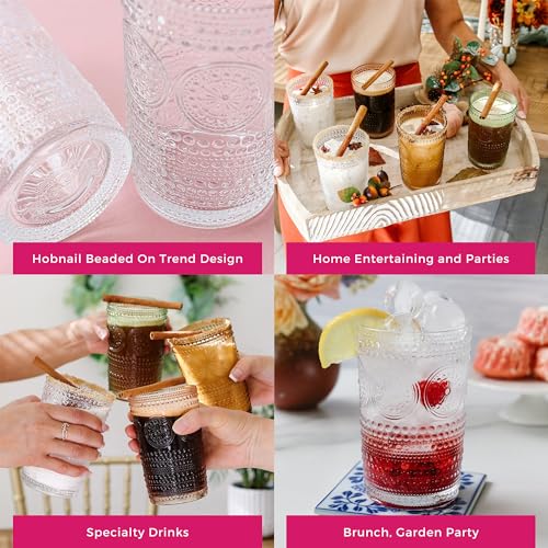Hobnail Beaded Floral Rose Gold Drinking Glasses Set of 6, 13 oz Glassware Set U32019