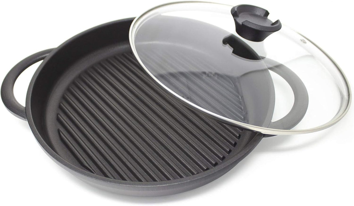 Cast Aluminium Griddle Pan with Glass Lid, 10.6 Diameter, Non-Stick V5271