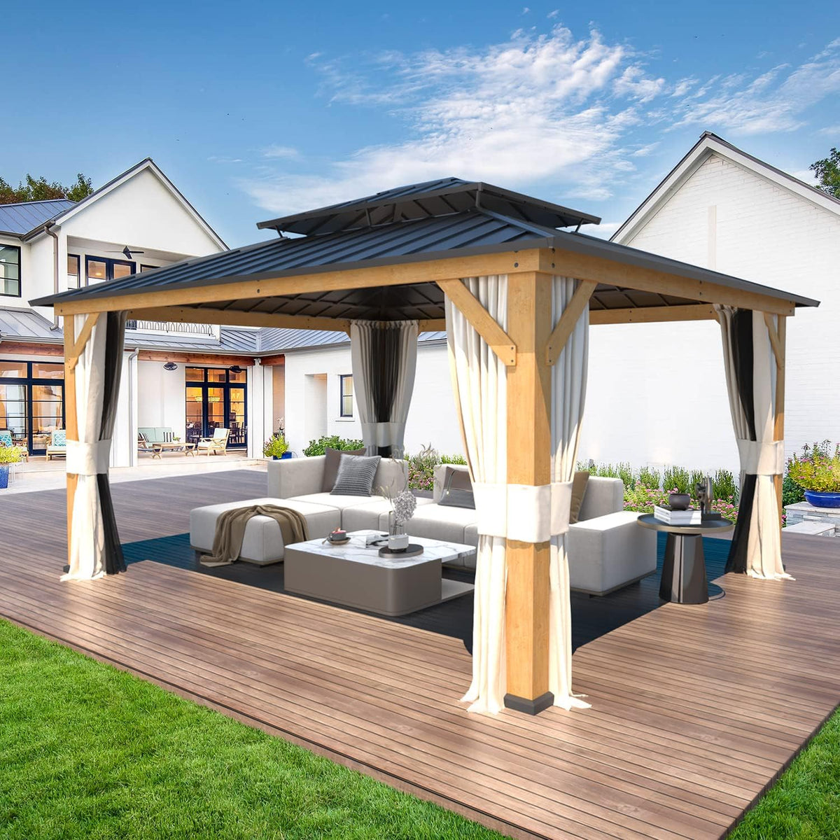 13'x15' Wood Gazebo with Netting and Curtains Q62778
