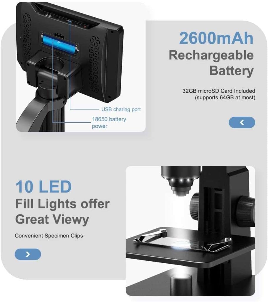 LCD Digital Microscope with 2000X Dual Lens, 7'' IPS Display, 12MP B215