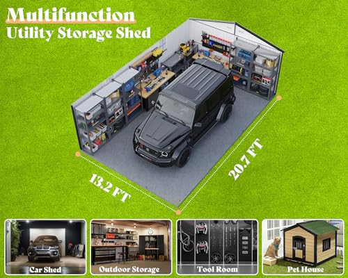 13.2x21x8 FT Outdoor Metal Garage Shed with Double Hinged Doors and 4 Windows Z62079