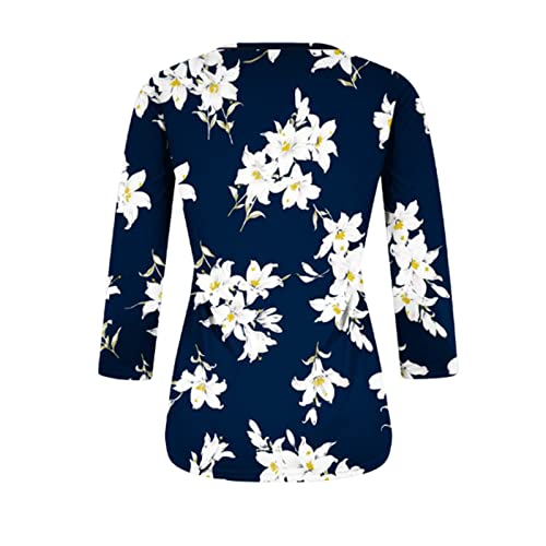 Womens 3/4 Sleeve Ethnic Floral Blouse Slim Fit Crewneck Pullover Tees J346