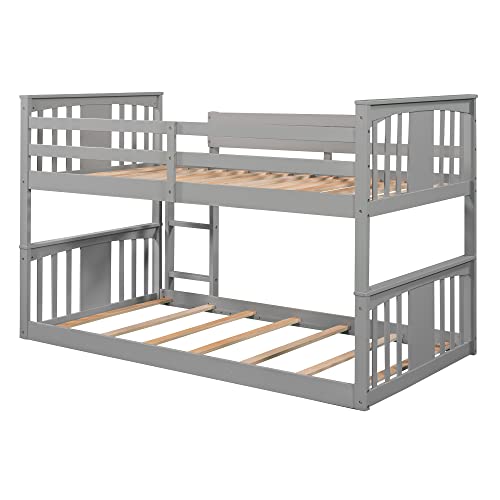 Gray Solid Wood Twin over Twin Bunk Bed with Ladder and Guard Rail V9137
