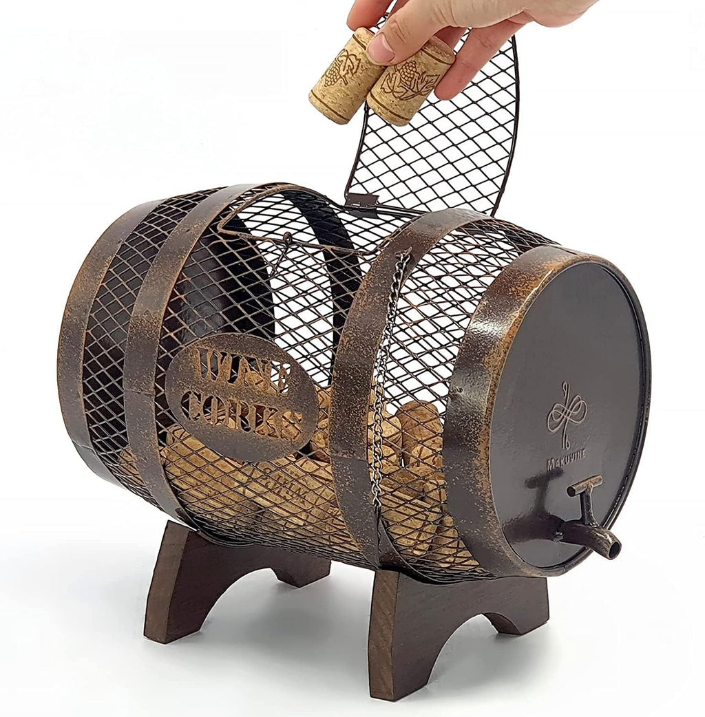 Rustic Metal Large Barrel Wine Cork Holder Display On Wooden Stand N36402