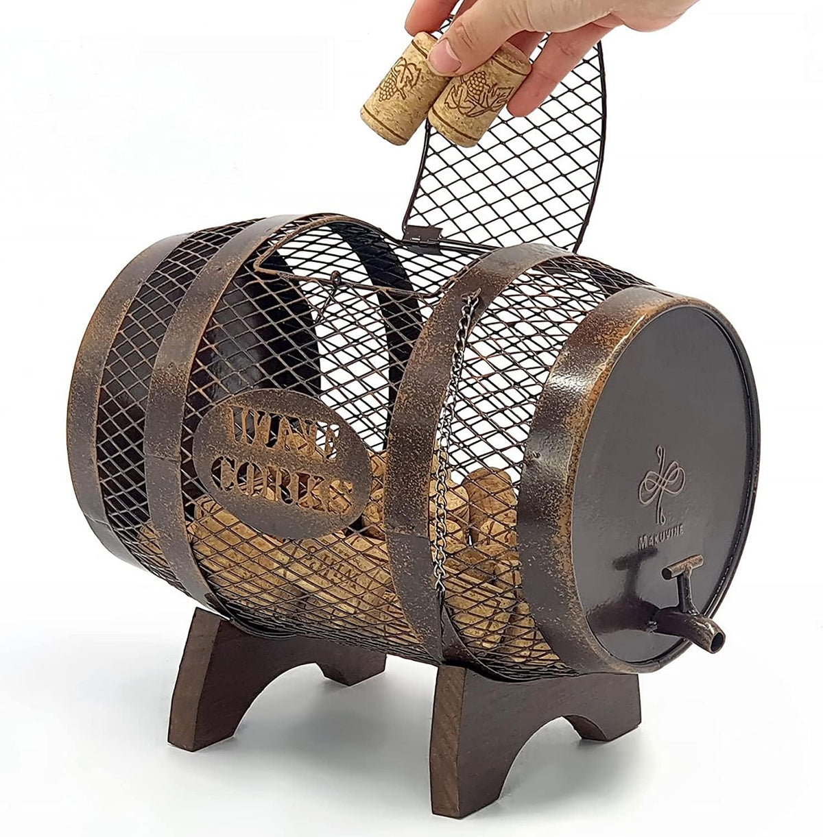 Rustic Metal Large Barrel Wine Cork Holder Display On Wooden Stand N36402