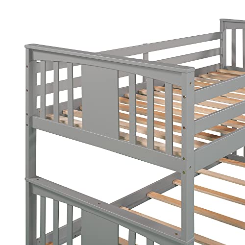 Gray Solid Wood Twin over Twin Bunk Bed with Ladder and Guard Rail V9137
