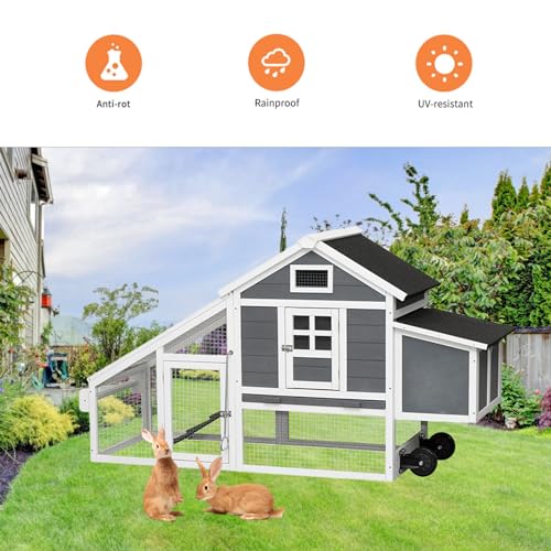 Chicken Coop with Run & Wheels, Two-Tier Large Chicken Duck House Rabbit Hutch Poultry Cage with Nesting Box and Side Door I78840