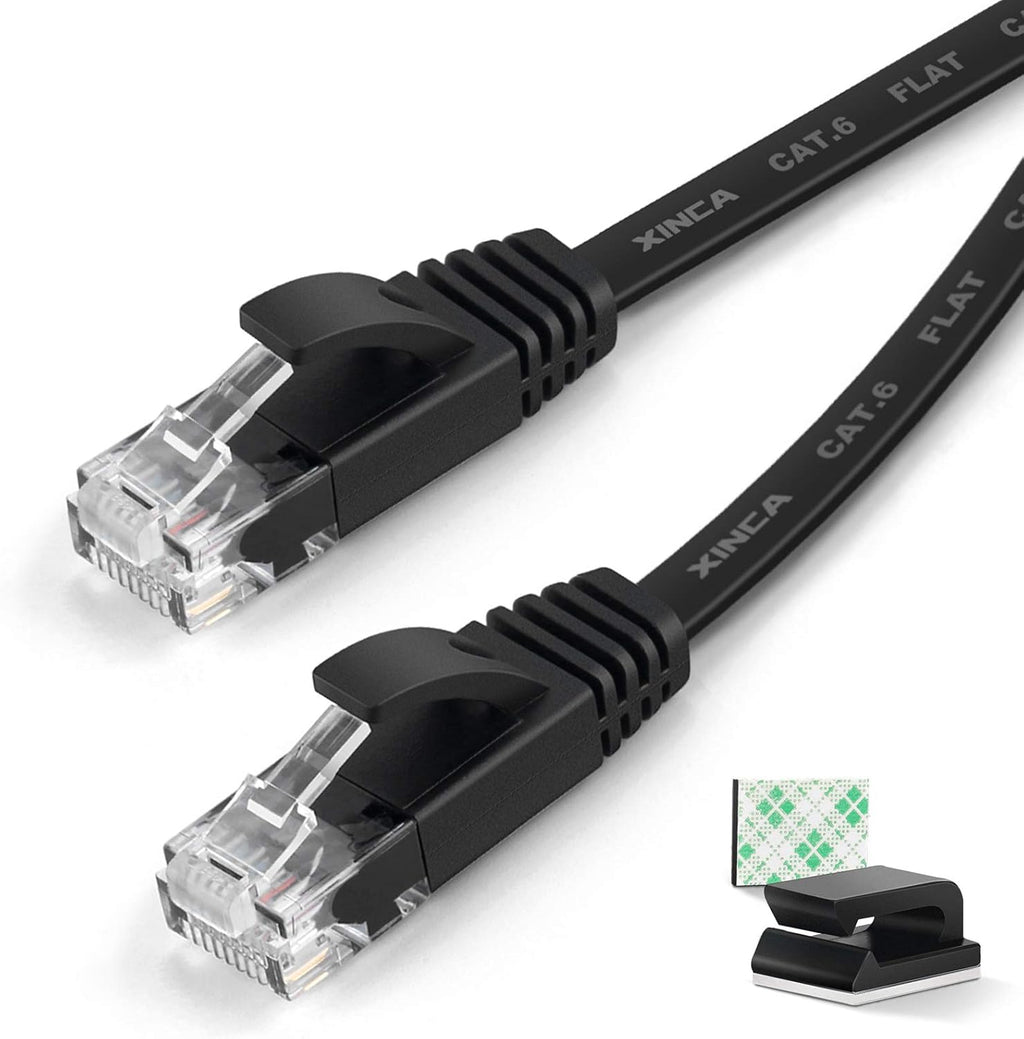 Cat6 Ethernet Cable 75 ft Black Flat Network LAN Cable with Cable Clips V81169
