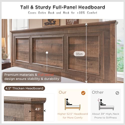 Antique Brown King Size Wood Platform Bed Frame with Headboard and Storage Drawers C81149