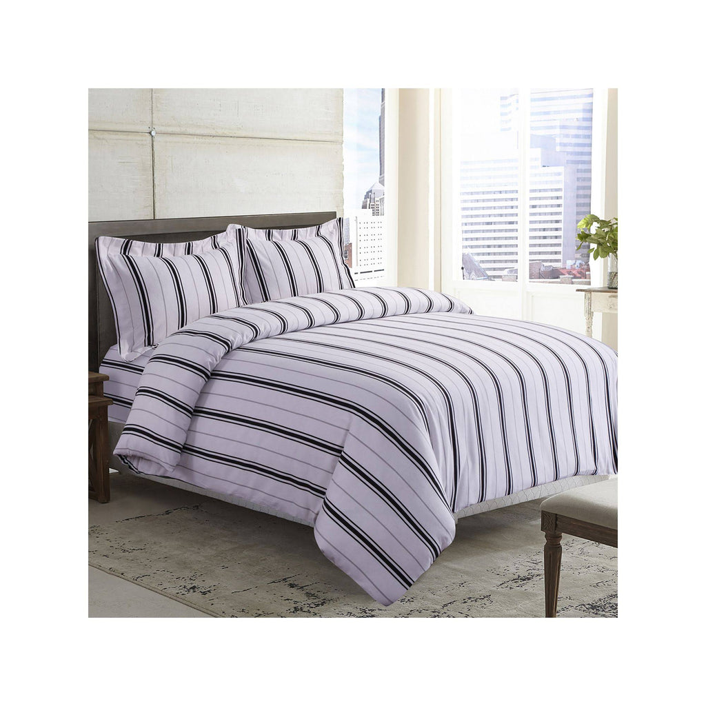 Black Grey Stripe Printed Flannel Duvet Cover Set King G3315
