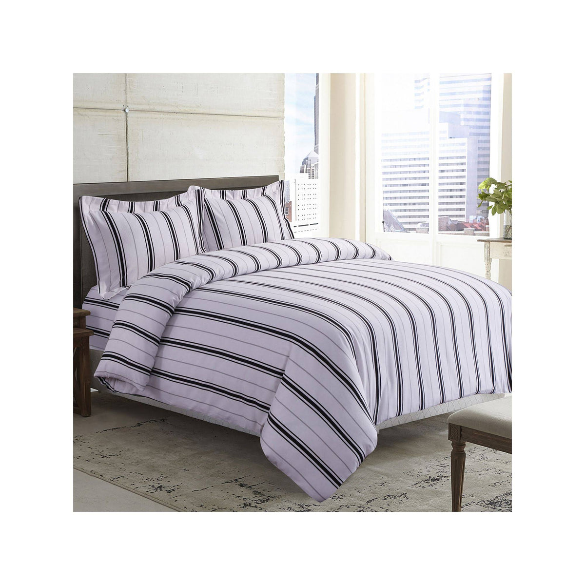 Black Grey Stripe Printed Flannel Duvet Cover Set King G3315